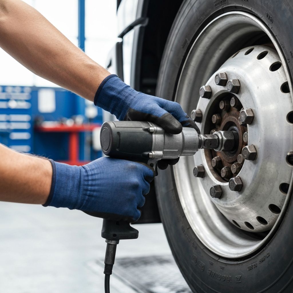 Mechanic hands working on a commercial truck wheel with an impact wrench